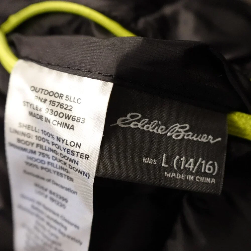 Eddie Bauer Kids Hooded‎ Down Puffer Jacket Large (14/16) Black Neon Trim